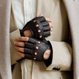 gants sans doigts marron pour hommes avec fermoir